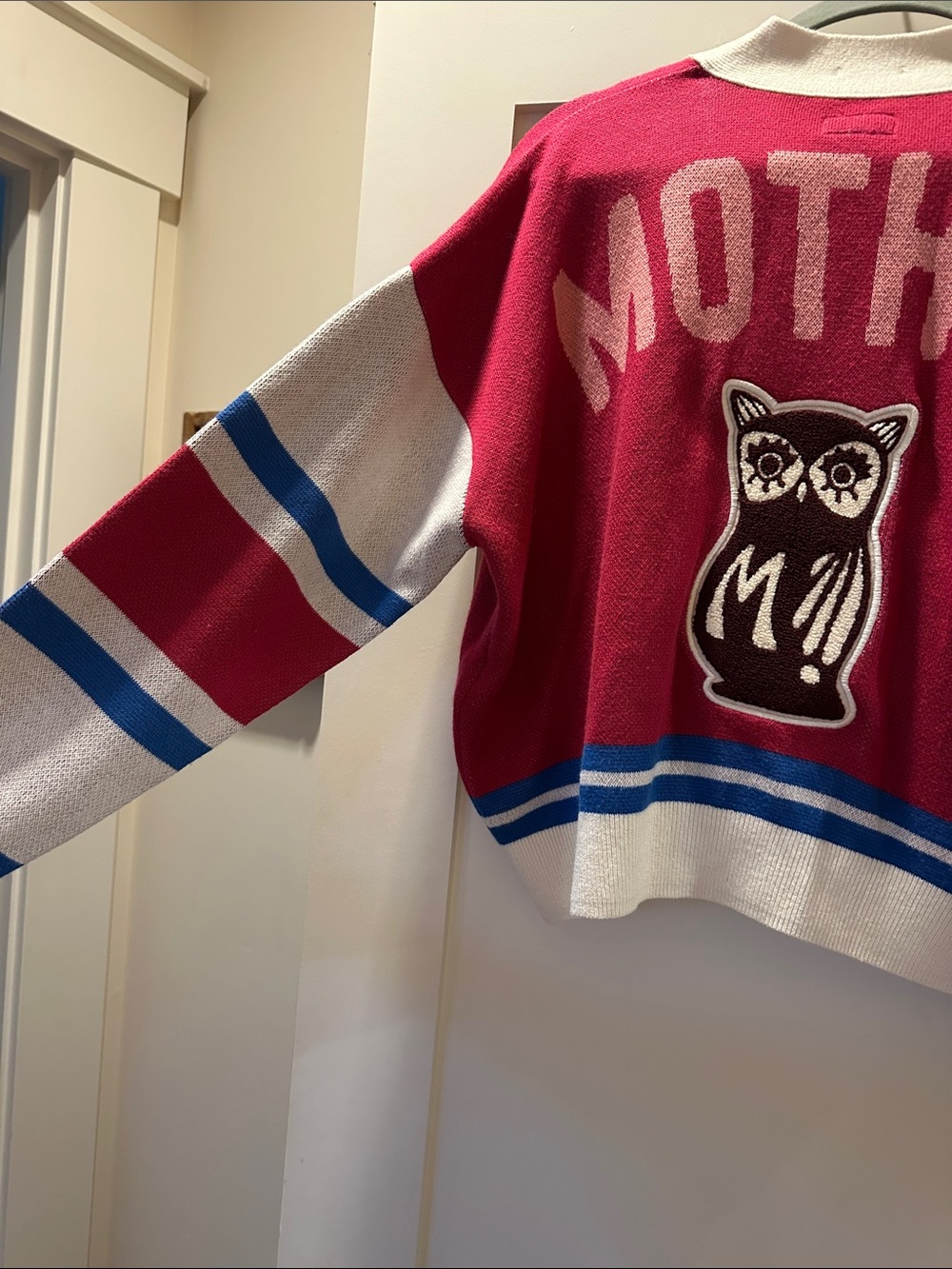 MOTHER The Boxy Raspberry pink Patchwork Embroidered Varsity Cardigan - Picture 4 of 5